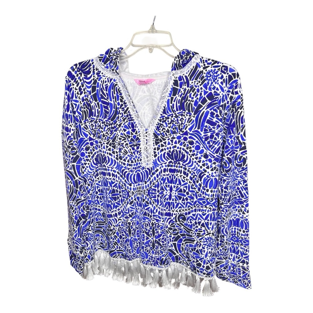 Lilly Pulitzer Women’s Harmon Hoodie "Bright Navy Taverna Tile Allover" SZ M